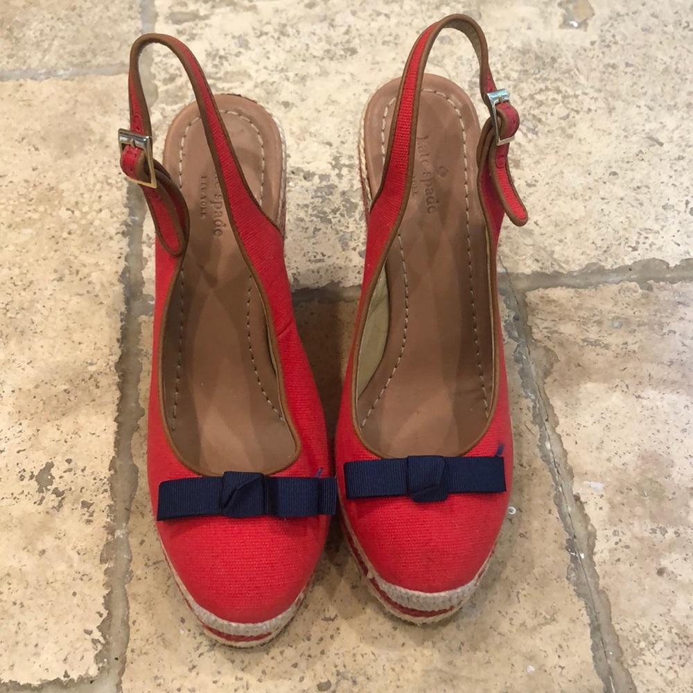 Kate Spade Sweetie Red Wedges with Blue Bow - Picture 2 of 7